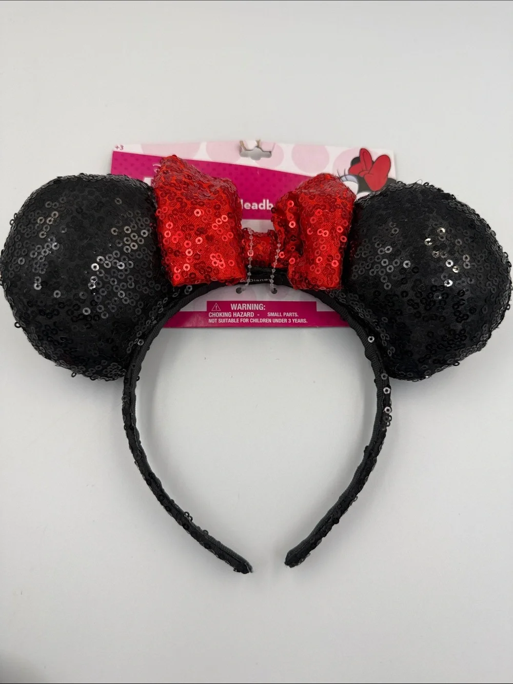 Disney (2 ) Black Sequin Minnie Ear Headbands with Pink and Red Bows